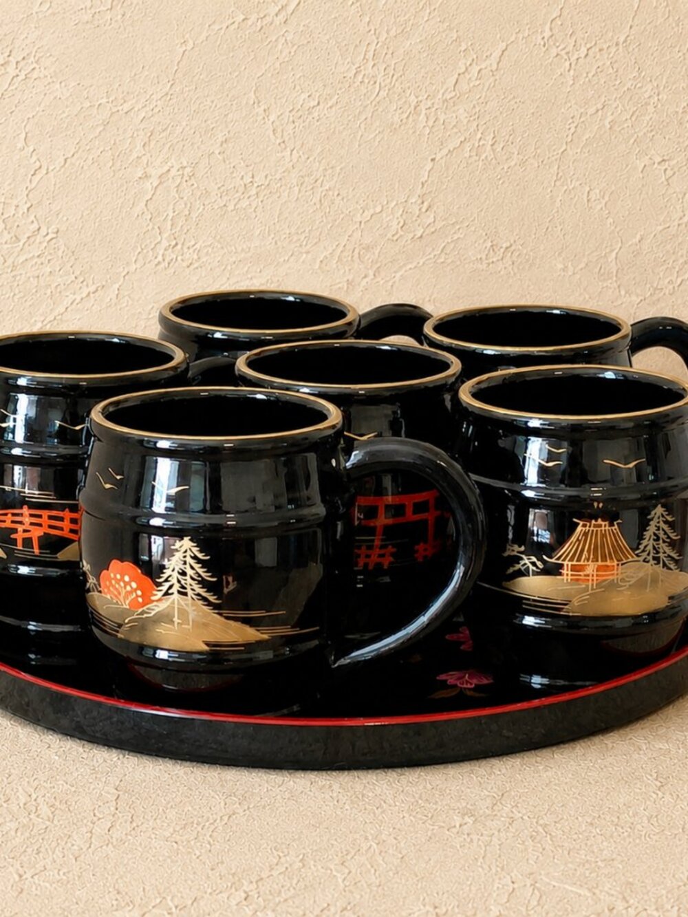 Vintage Midcentury Japanese Black Lacquer Cups and Tray